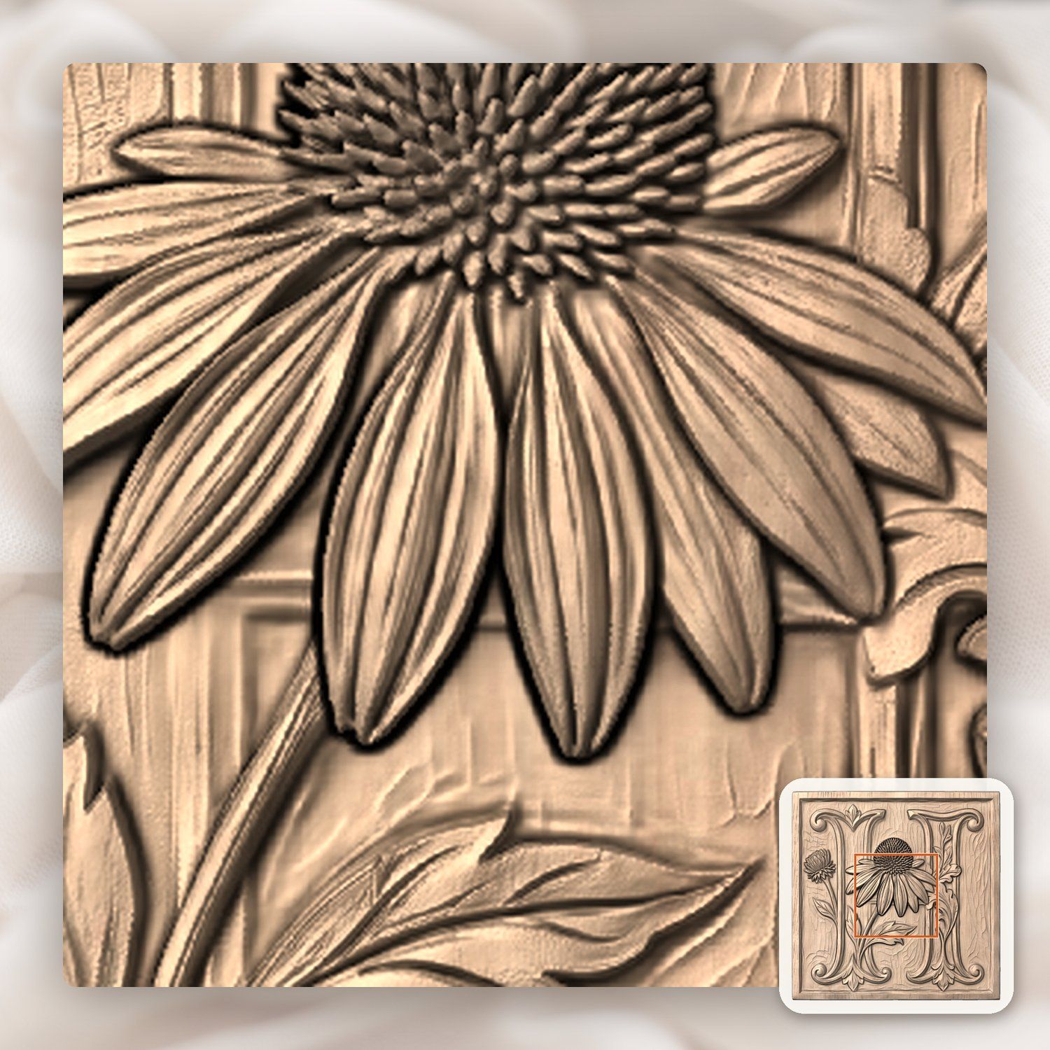 Floral Monogram Letter H Echinacea CNC Relief STL bas-relief STL — view 5