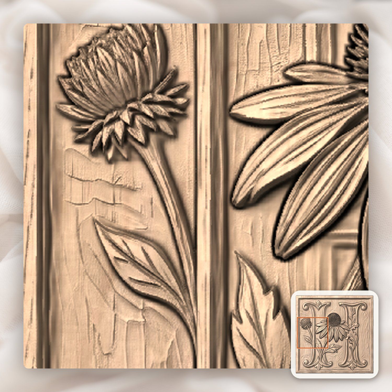 Floral Monogram Letter H Echinacea CNC Relief STL bas-relief STL — view 6