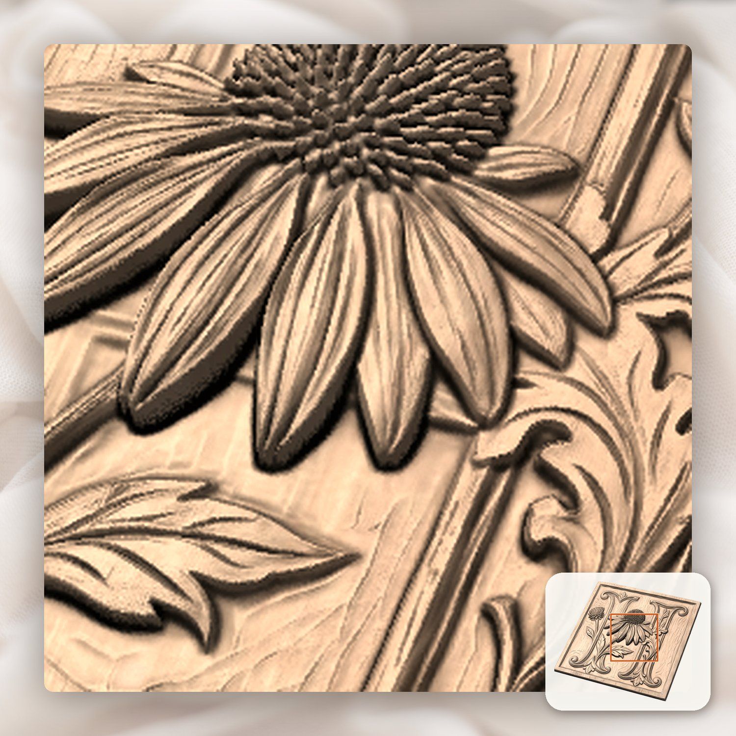 Floral Monogram Letter H Echinacea CNC Relief STL bas-relief STL — view 7