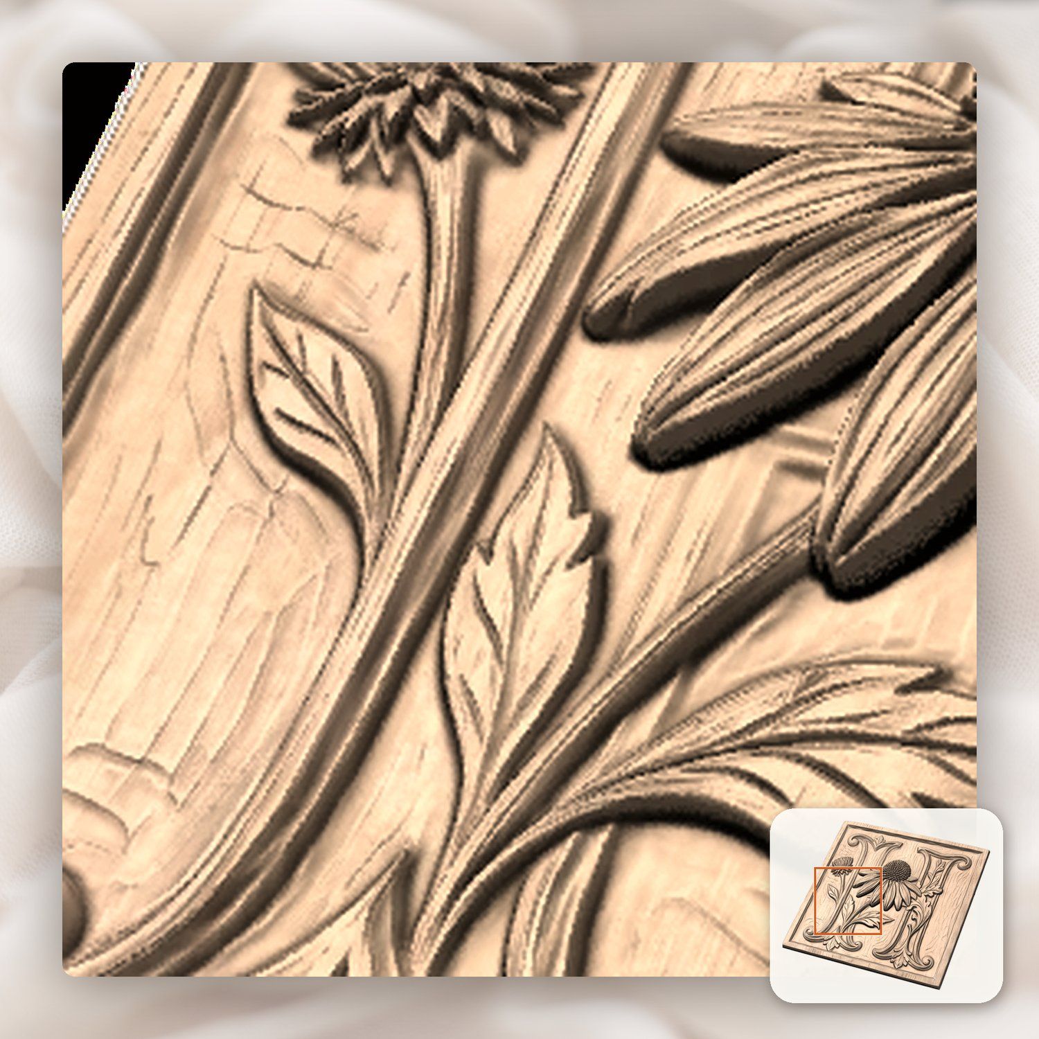 Floral Monogram Letter H Echinacea CNC Relief STL bas-relief STL — view 8