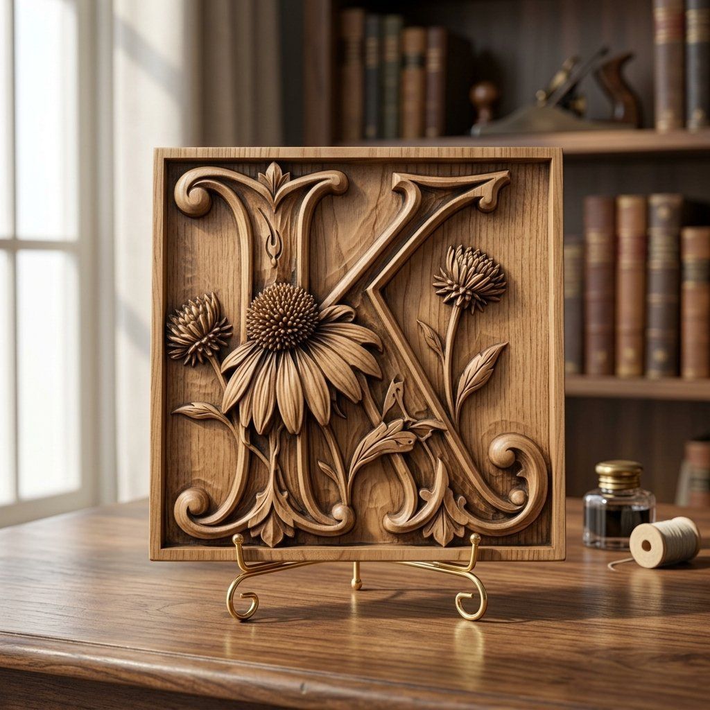 Floral Monogram Letter K CNC Relief STL bas-relief STL — view 13