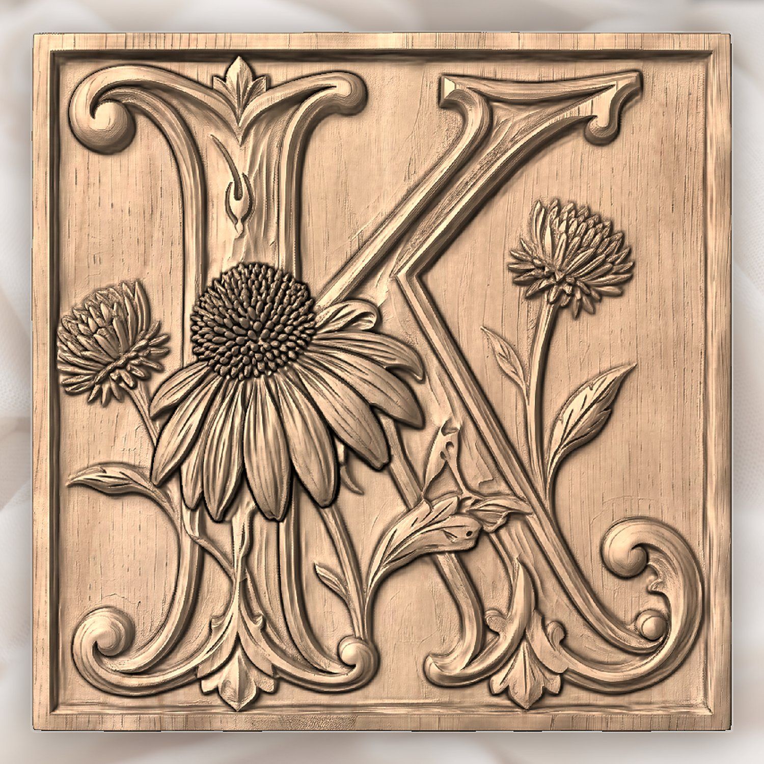 Floral Monogram Letter K CNC Relief STL bas-relief STL — view 2
