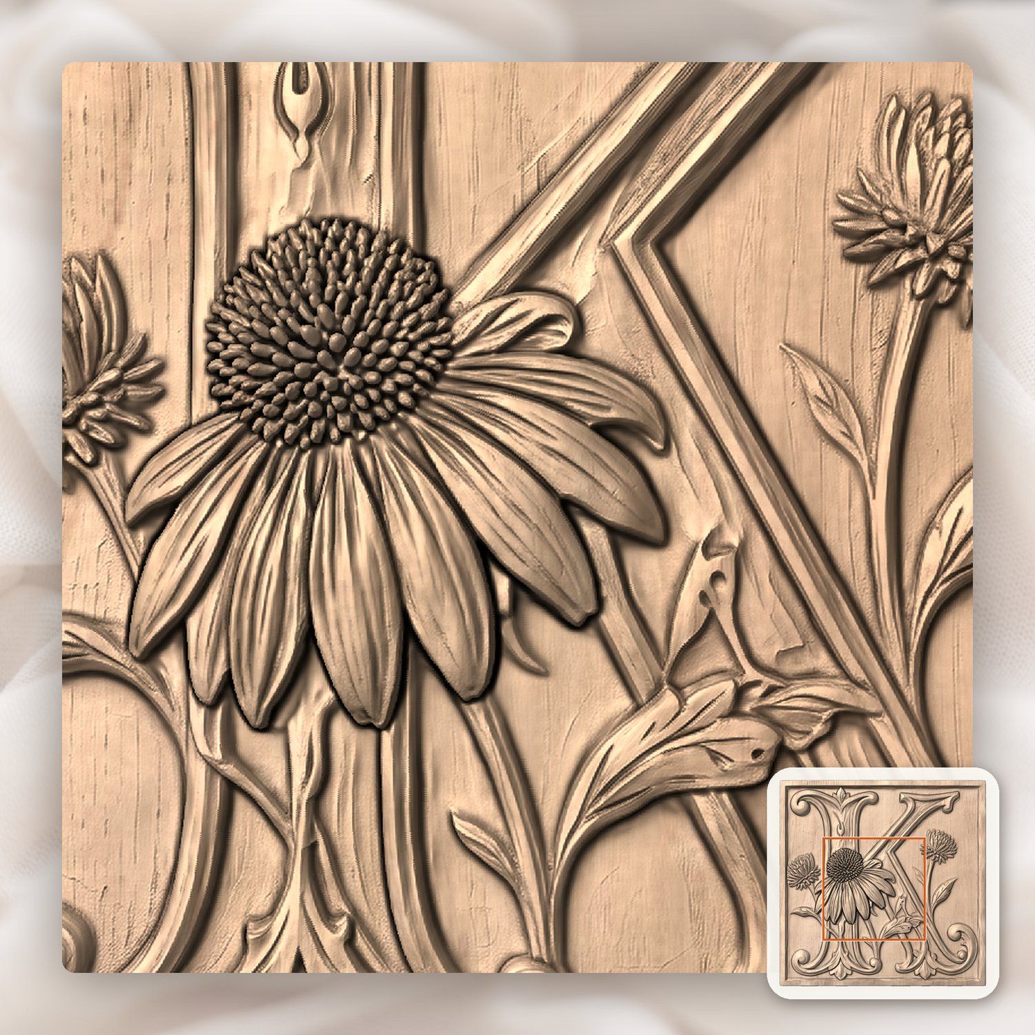 Floral Monogram Letter K CNC Relief STL bas-relief STL — view 4
