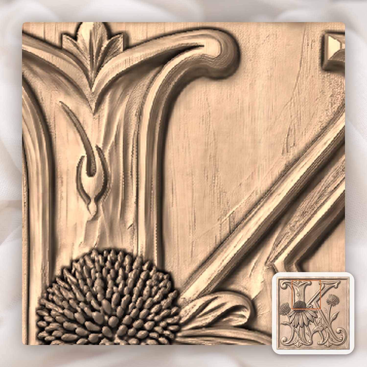 Floral Monogram Letter K CNC Relief STL bas-relief STL — view 6