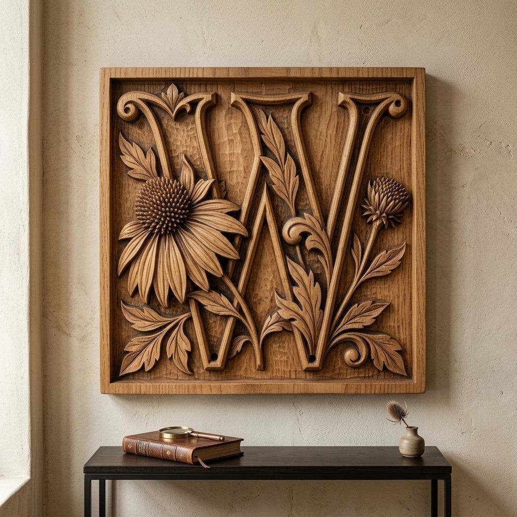 Floral Monogram Letter W CNC Relief STL bas-relief STL — view 12