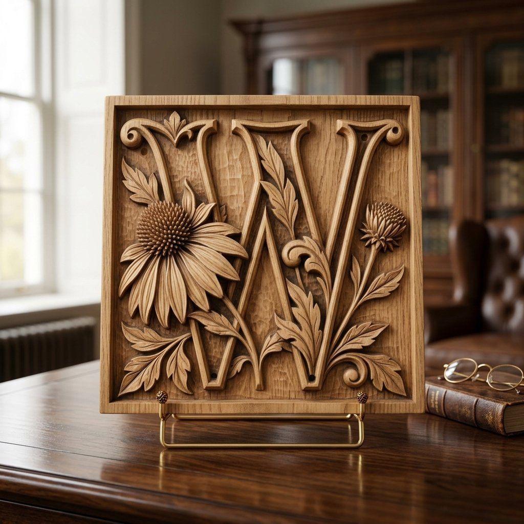 Floral Monogram Letter W CNC Relief STL bas-relief STL — view 13