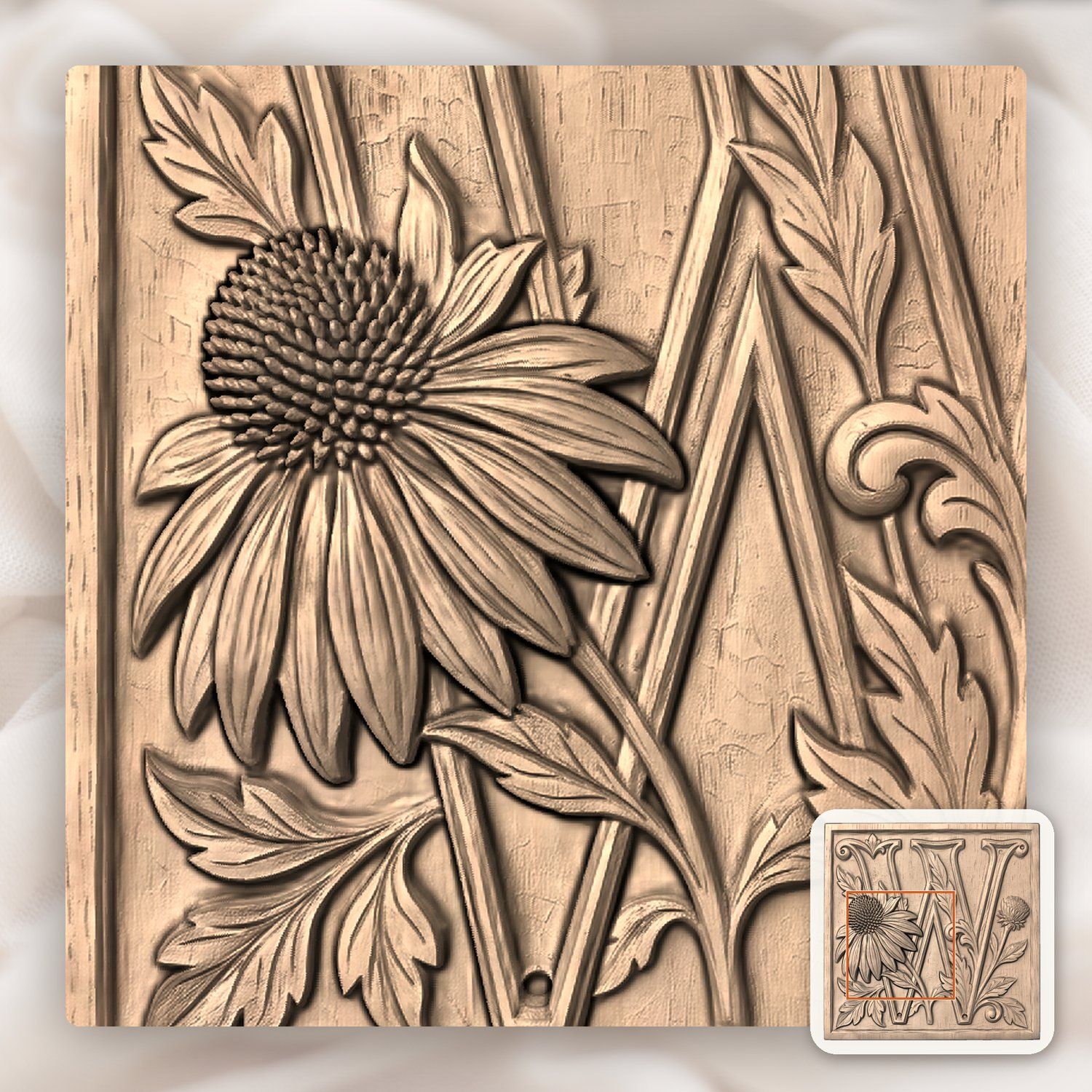 Floral Monogram Letter W CNC Relief STL bas-relief STL — view 4