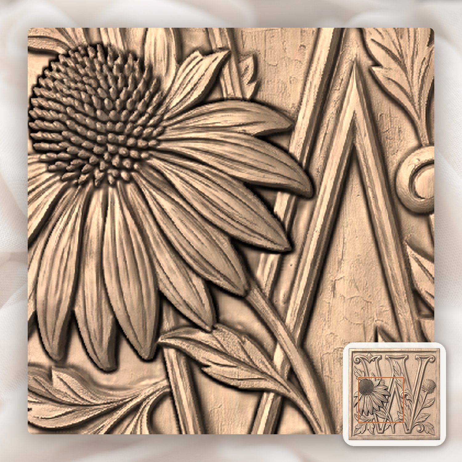 Floral Monogram Letter W CNC Relief STL bas-relief STL — view 5