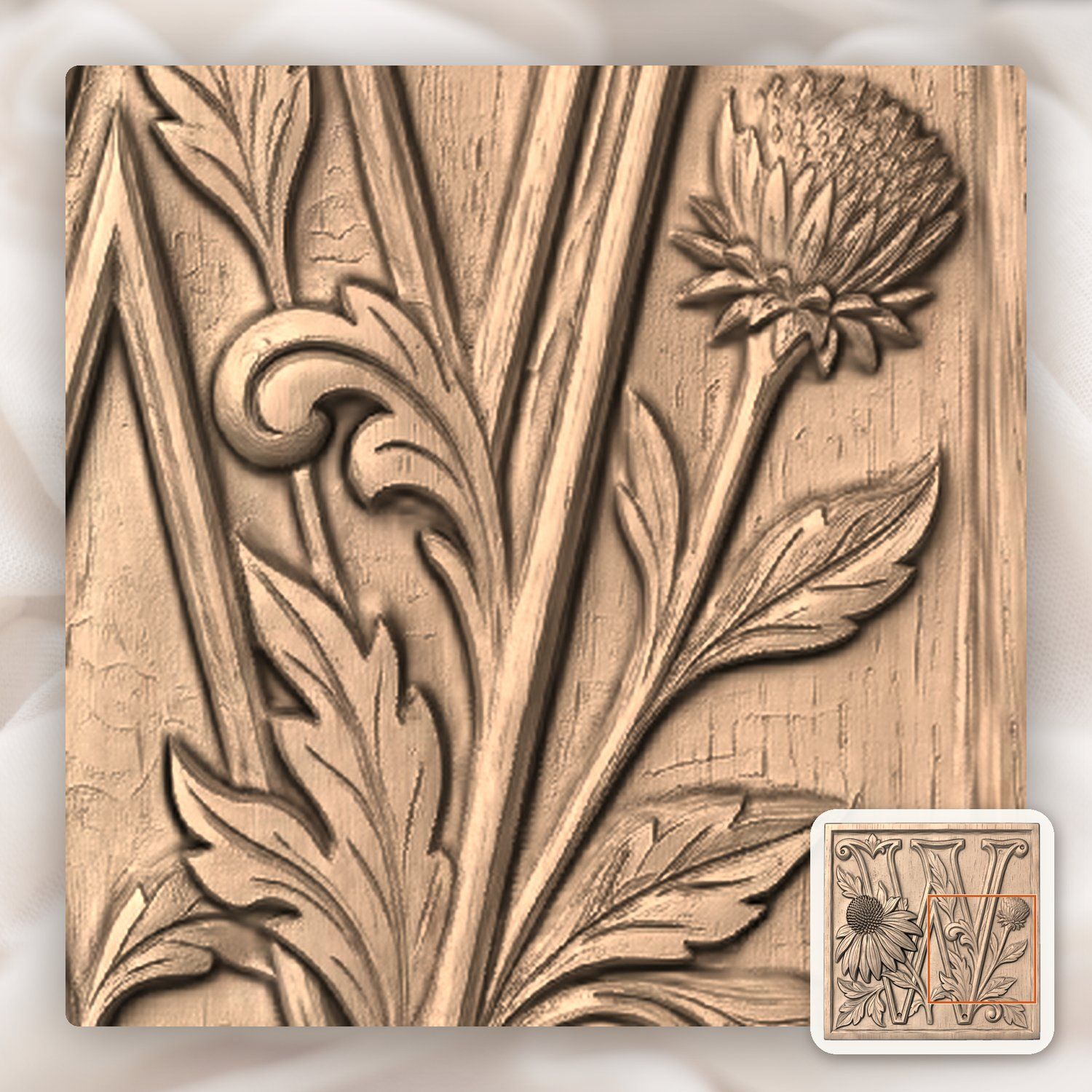Floral Monogram Letter W CNC Relief STL bas-relief STL — view 6