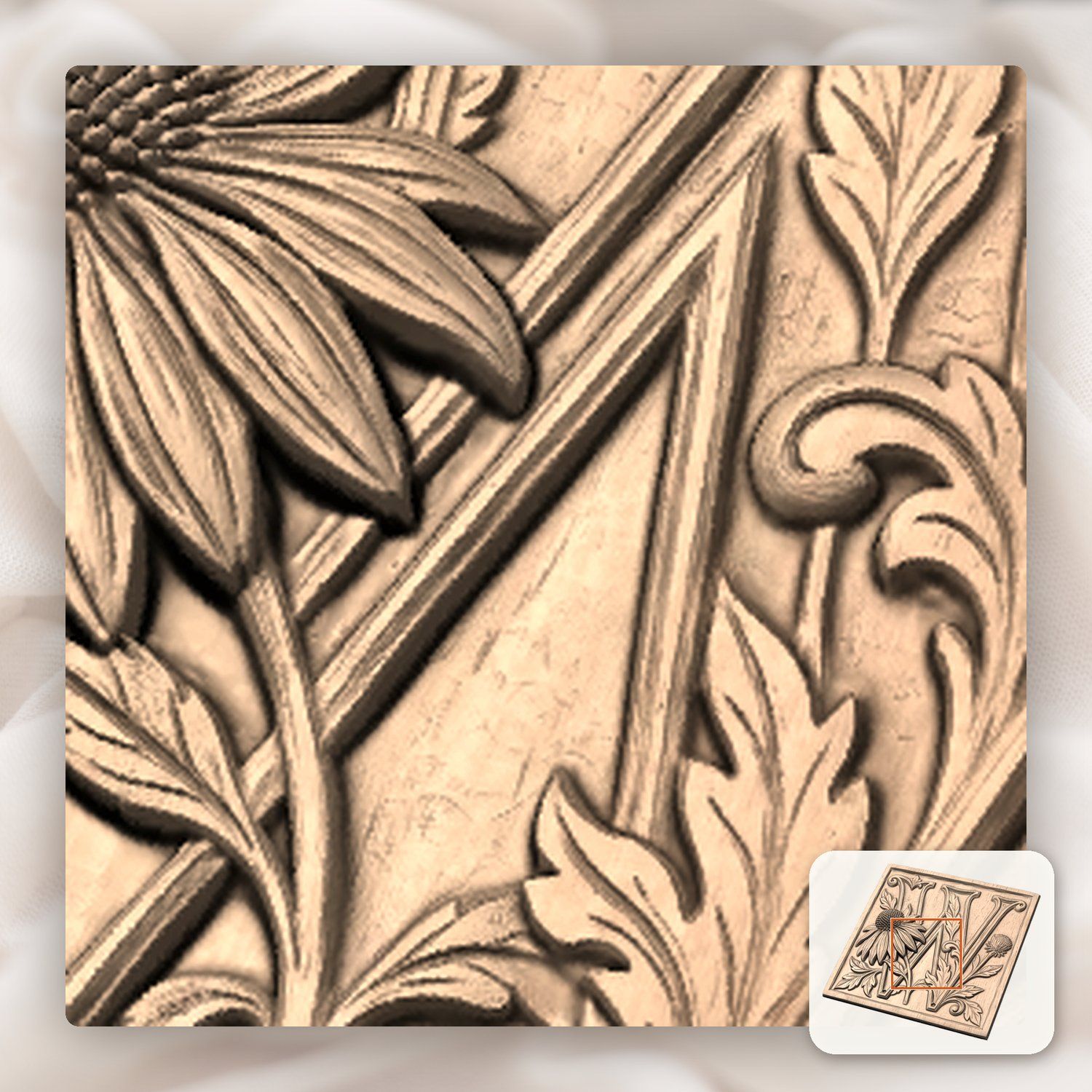 Floral Monogram Letter W CNC Relief STL bas-relief STL — view 7