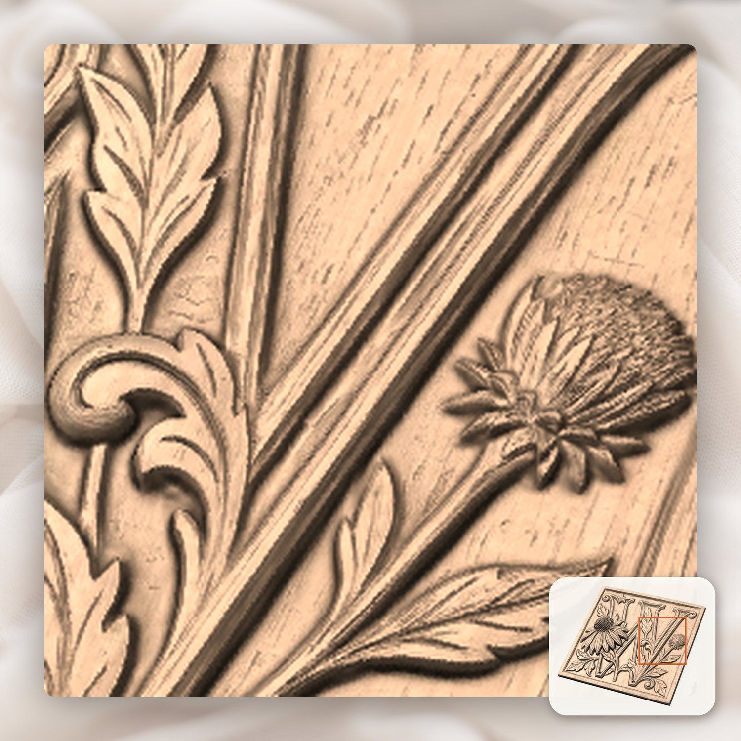 Floral Monogram Letter W CNC Relief STL bas-relief STL — view 8