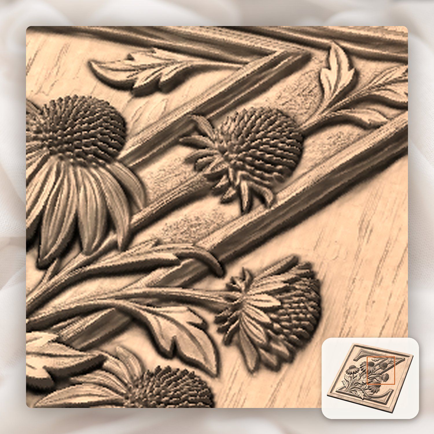 Floral Monogram Letter Z CNC Relief STL bas-relief STL — view 9