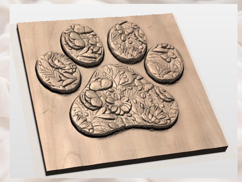 Floral Paw Print Bas-Relief STL with Flowers and Butterflies bas-relief STL — view 3