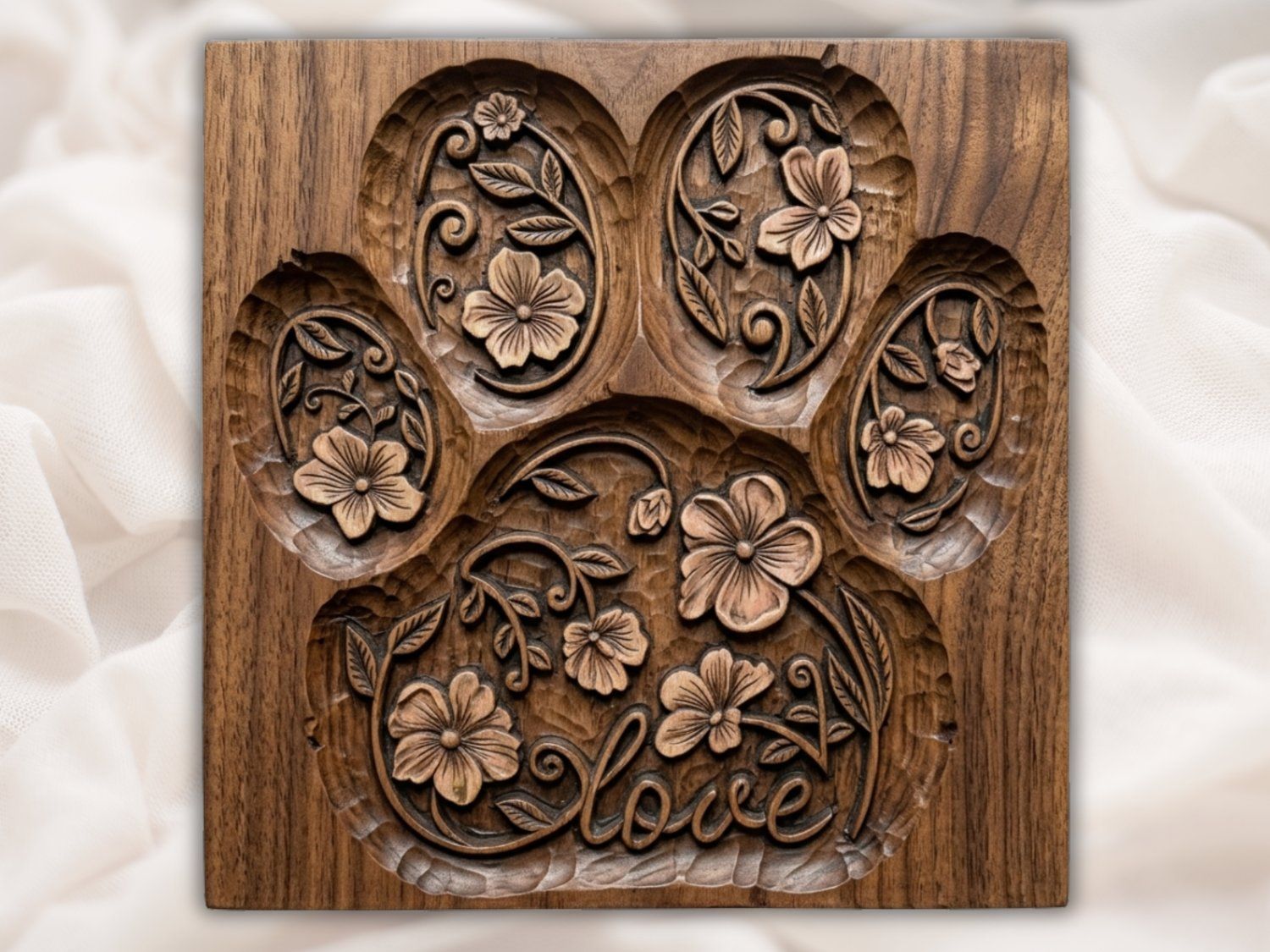 Floral Paw Print Love Pet Memorial CNC Relief STL bas-relief STL — view 2
