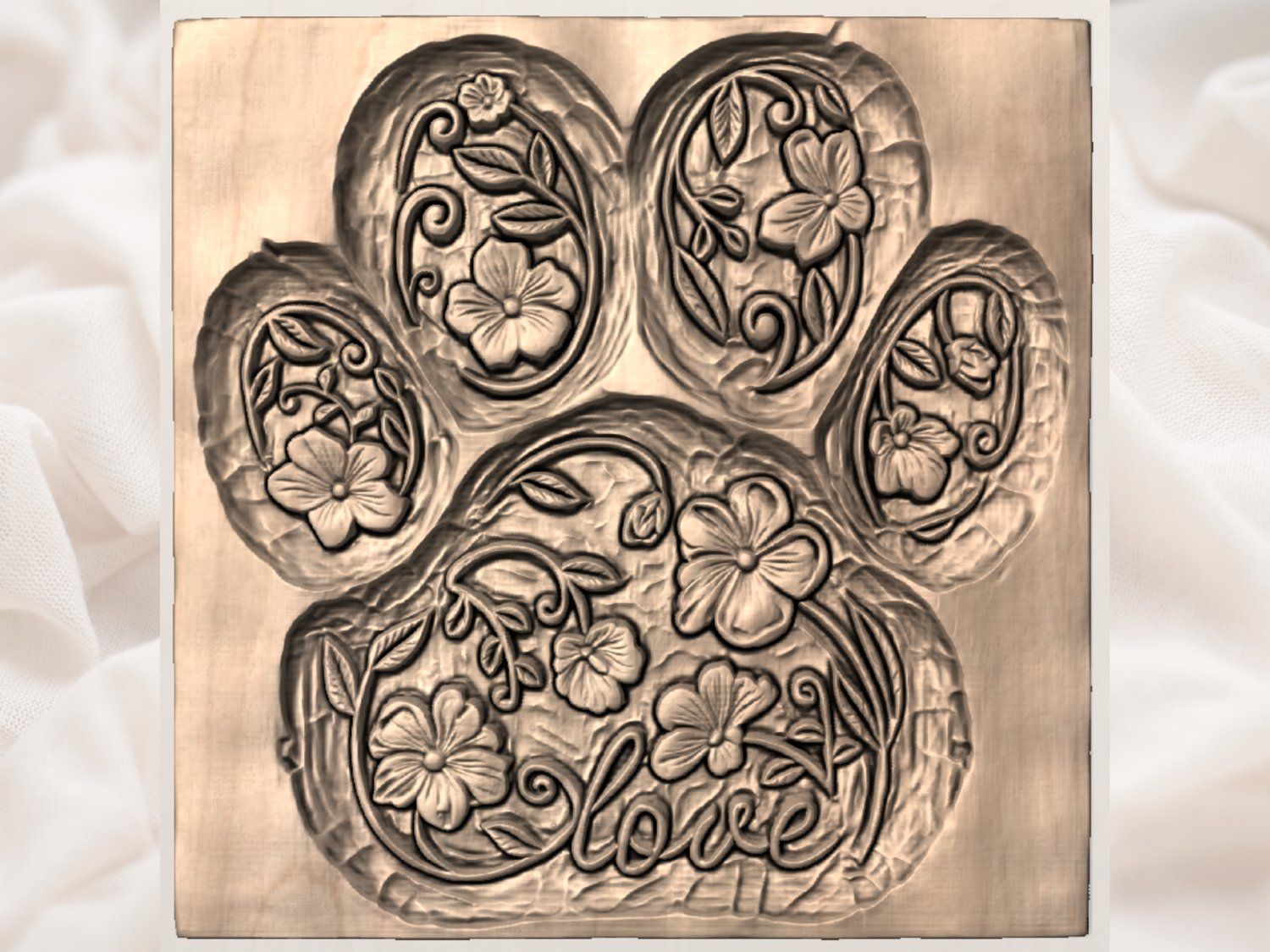 Floral Paw Print Love Pet Memorial CNC Relief STL bas-relief STL — view 3