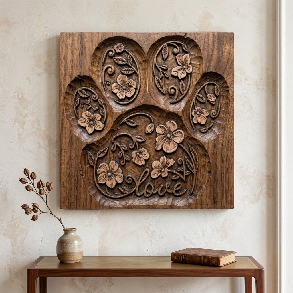 Floral Paw Print Love Pet Memorial CNC Relief STL bas-relief STL — view 7