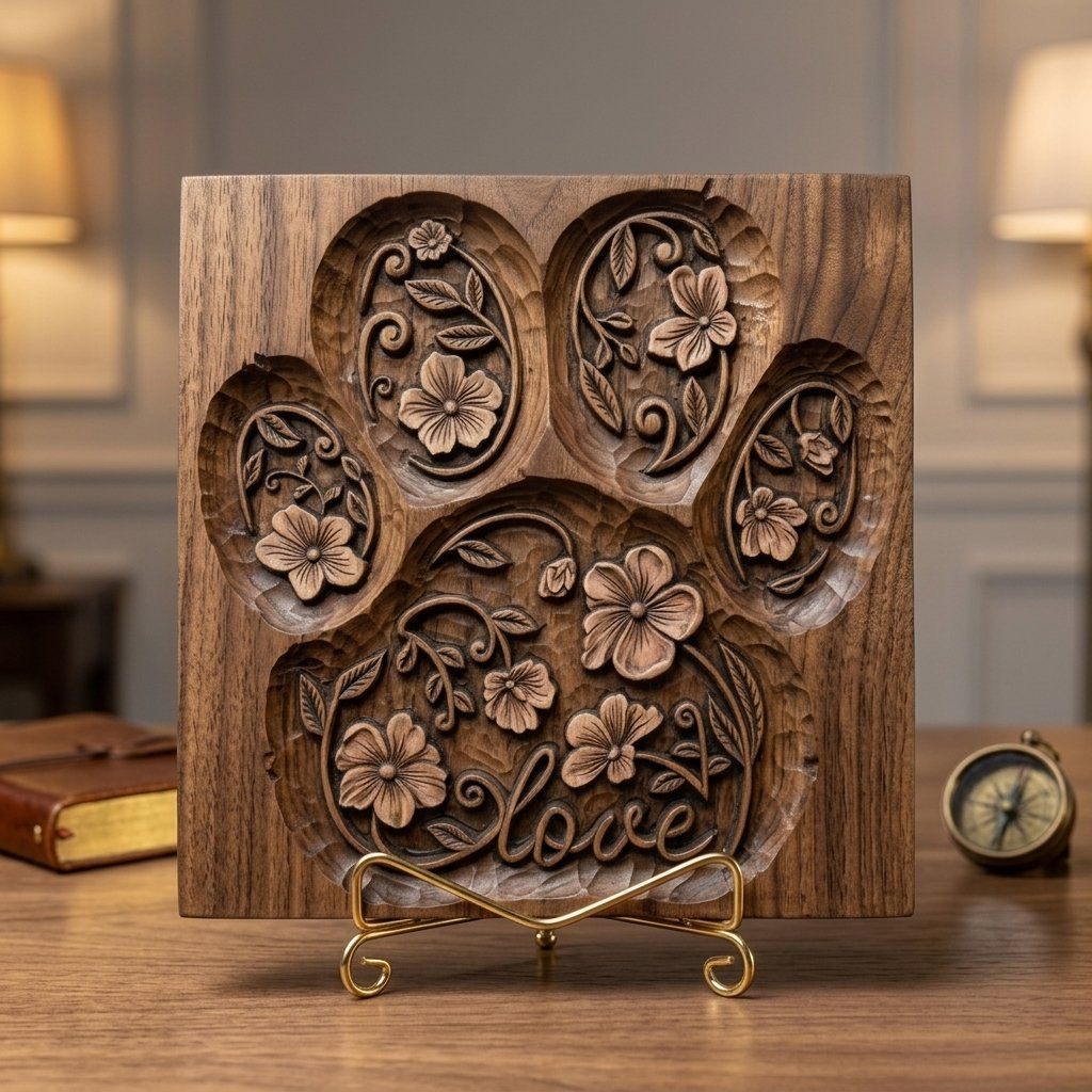 Floral Paw Print Love Pet Memorial CNC Relief STL bas-relief STL — view 8