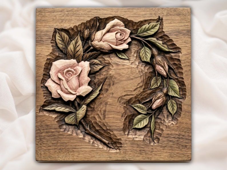 Carved wood relief of two roses, buds, and leaves framing an open square plaque center