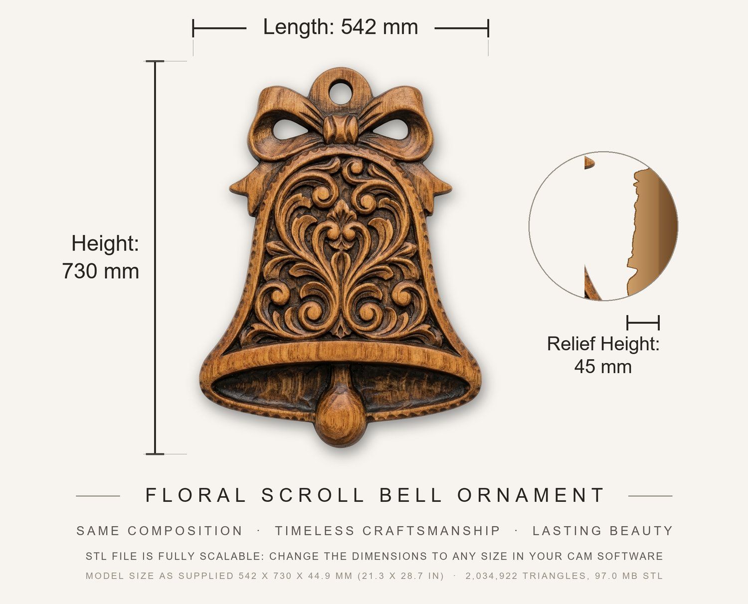 Floral Scroll Bell Ornament CNC Relief STL bas-relief STL — view 3