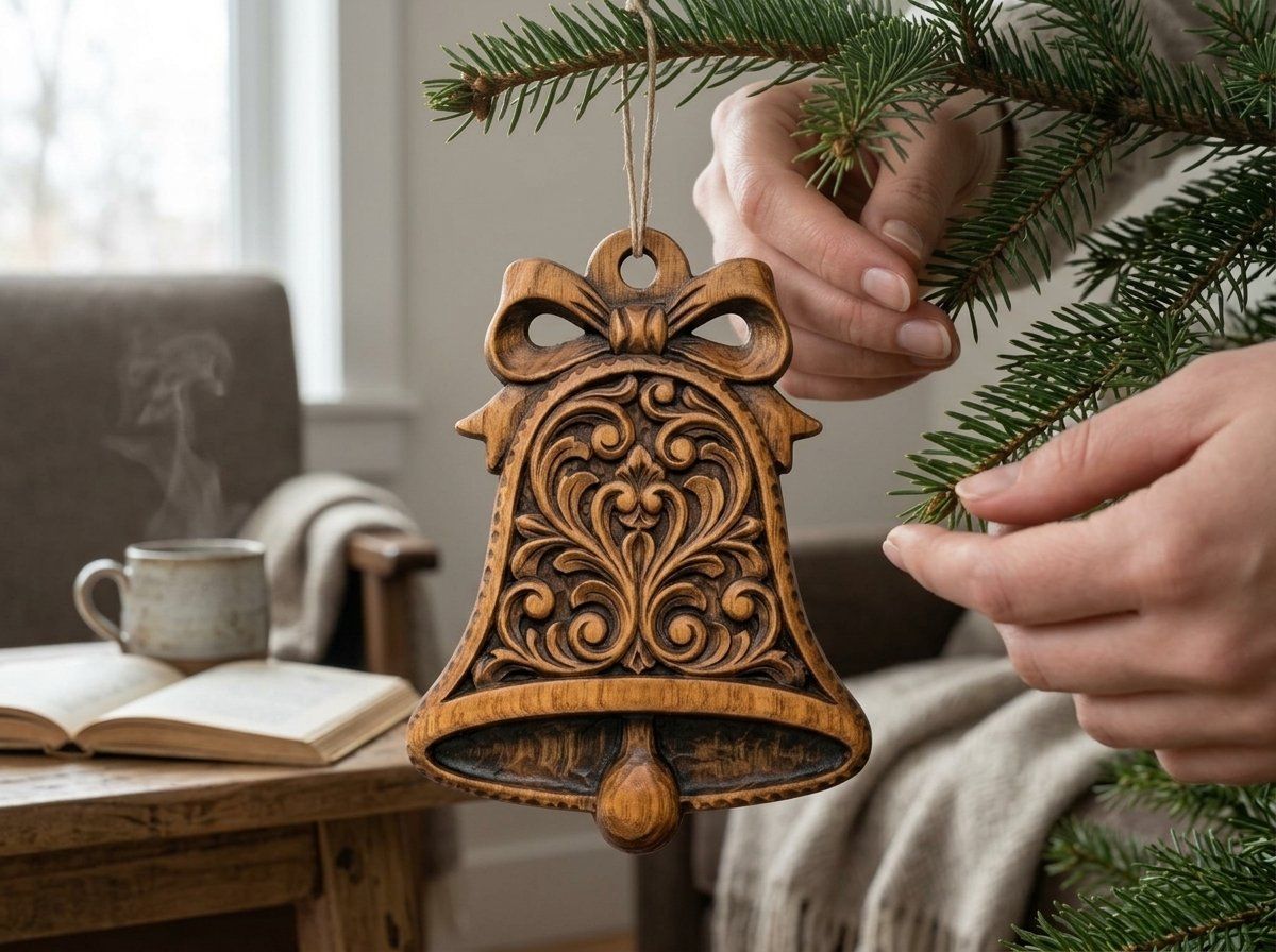 Floral Scroll Bell Ornament CNC Relief STL | Holiday Wood Carving Design | Baroque Christmas Decor — carved bas relief STL file for CNC