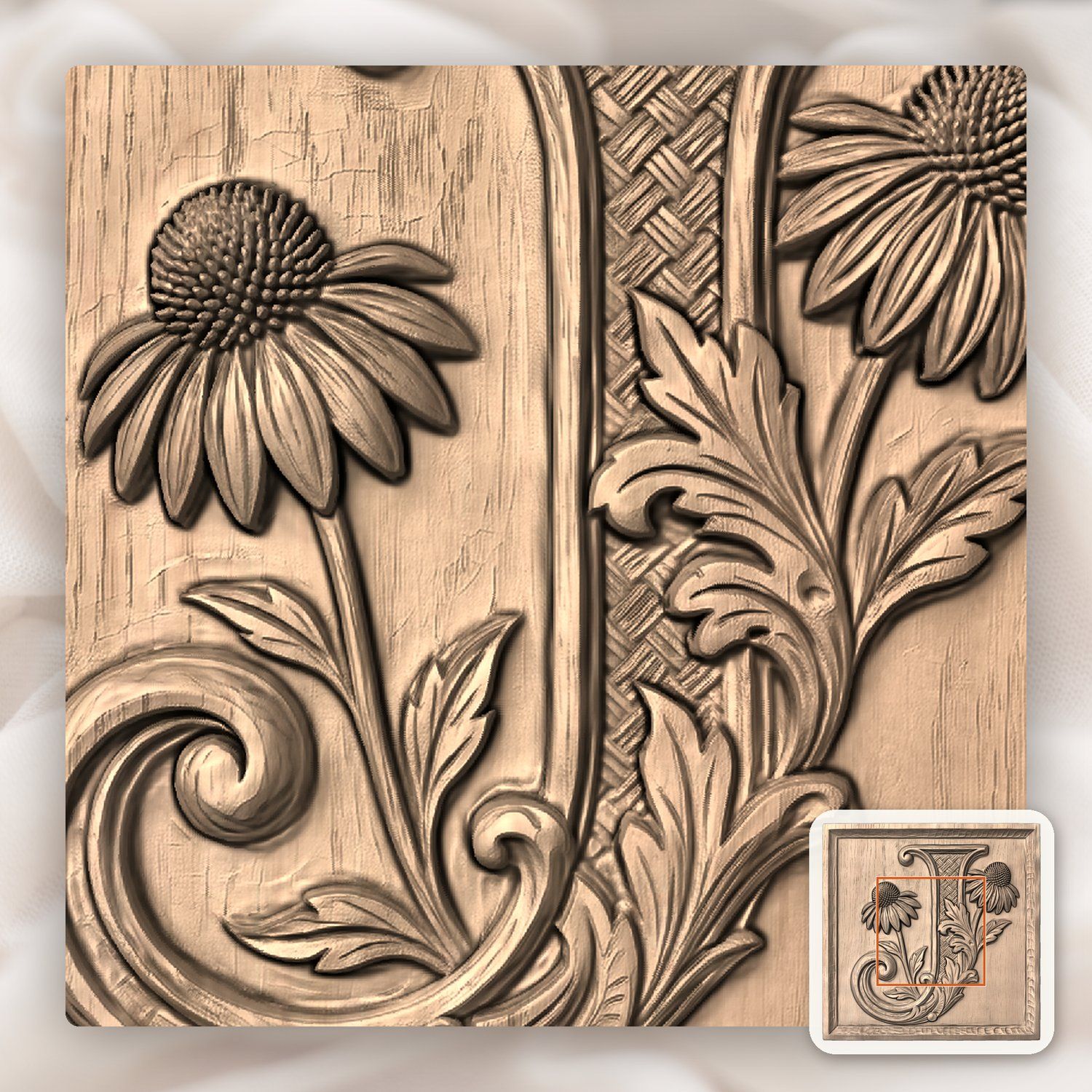 Flower Monogram Letter J CNC Relief STL bas-relief STL — view 4