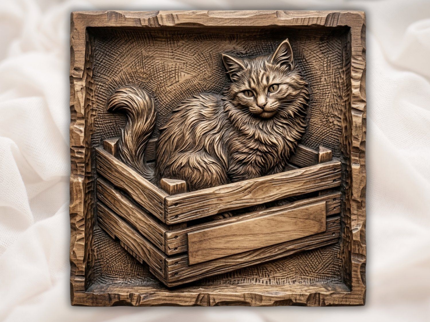 Fluffy Cat in Rustic Crate CNC Relief STL | Feline Wood Carving Design | Maine Coon Pet Wall Art Panel — carved bas relief STL file for CNC