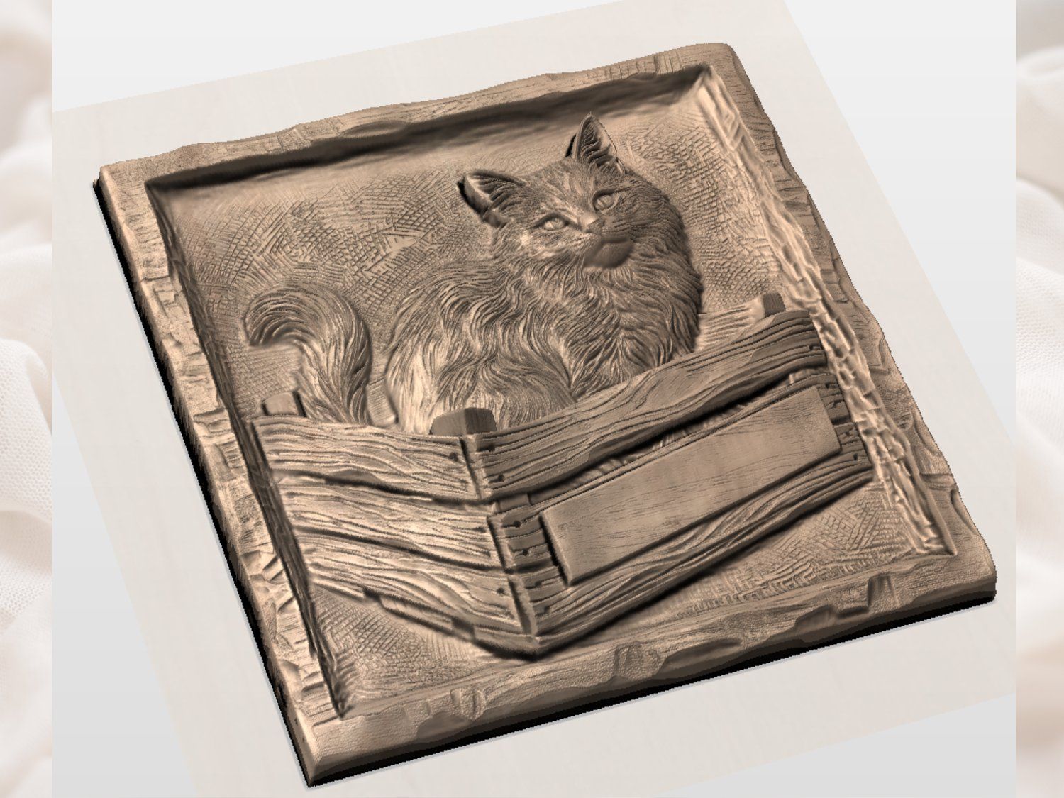 Fluffy Cat in Rustic Crate CNC Relief STL bas-relief STL — view 2