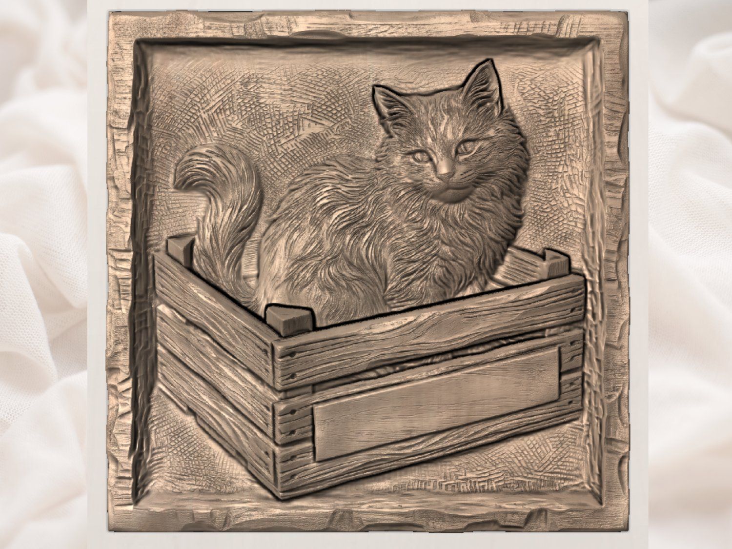 Fluffy Cat in Rustic Crate CNC Relief STL bas-relief STL — view 3