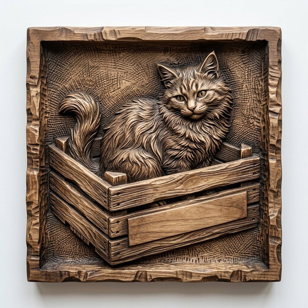 Fluffy Cat in Rustic Crate CNC Relief STL bas-relief STL — view 6