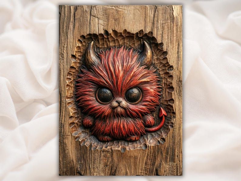 Bas-relief carving of a fluffy red devil kitten with tiny horns, big black eyes, and a curled tail in wood