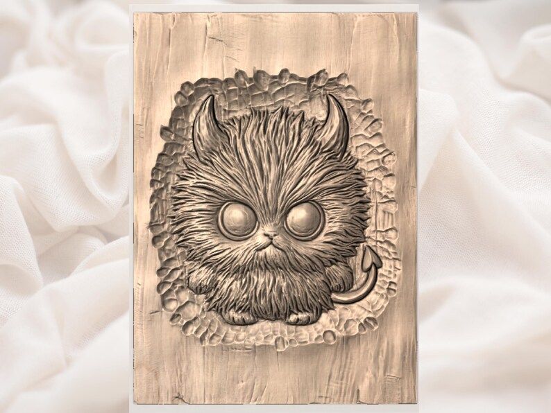 Fluffy Red Devil Kitten Bas-Relief STL with Tiny Horns and Tail bas-relief STL — view 3