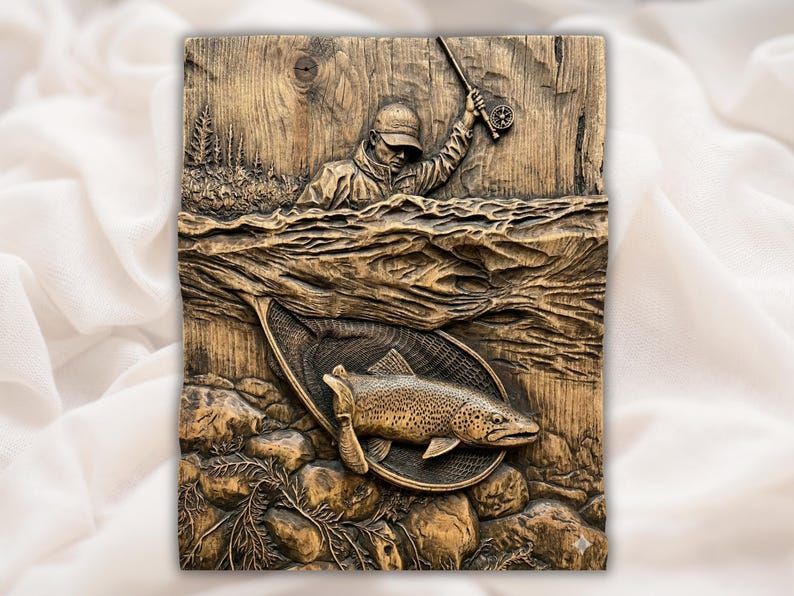 Carved wood relief of a fly fisherman casting above water with a trout resting in a landing net over river rocks below