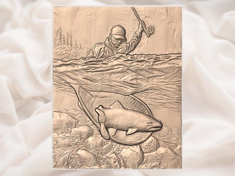 Fly Fisherman and Trout in Net Cutaway River Scene Relief bas-relief STL — view 2