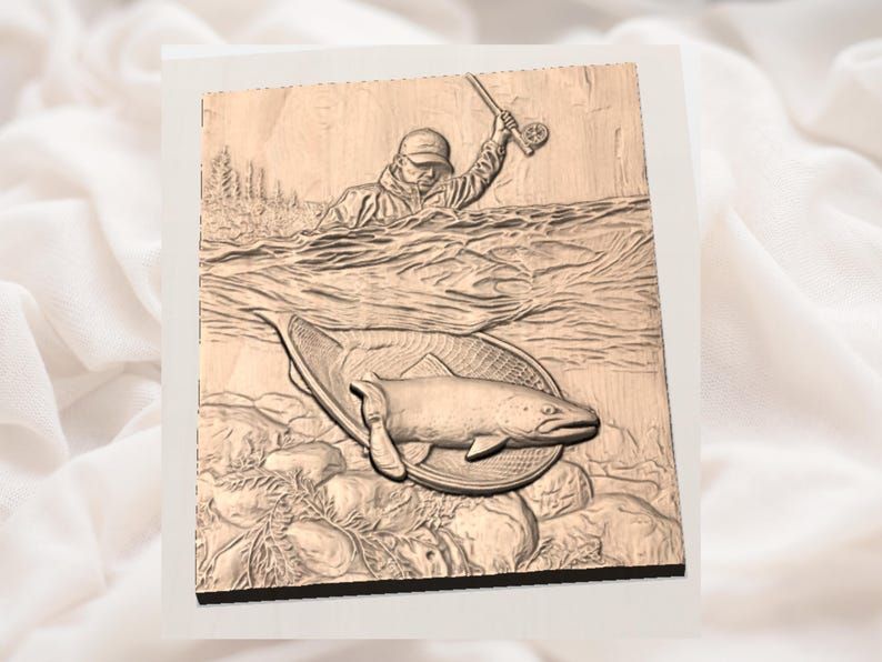Fly Fisherman and Trout in Net Cutaway River Scene Relief bas-relief STL — view 3