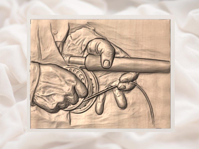 Fly Fishing Hands Bas-Relief STL, Angler Tying On a Fly bas-relief STL — view 2