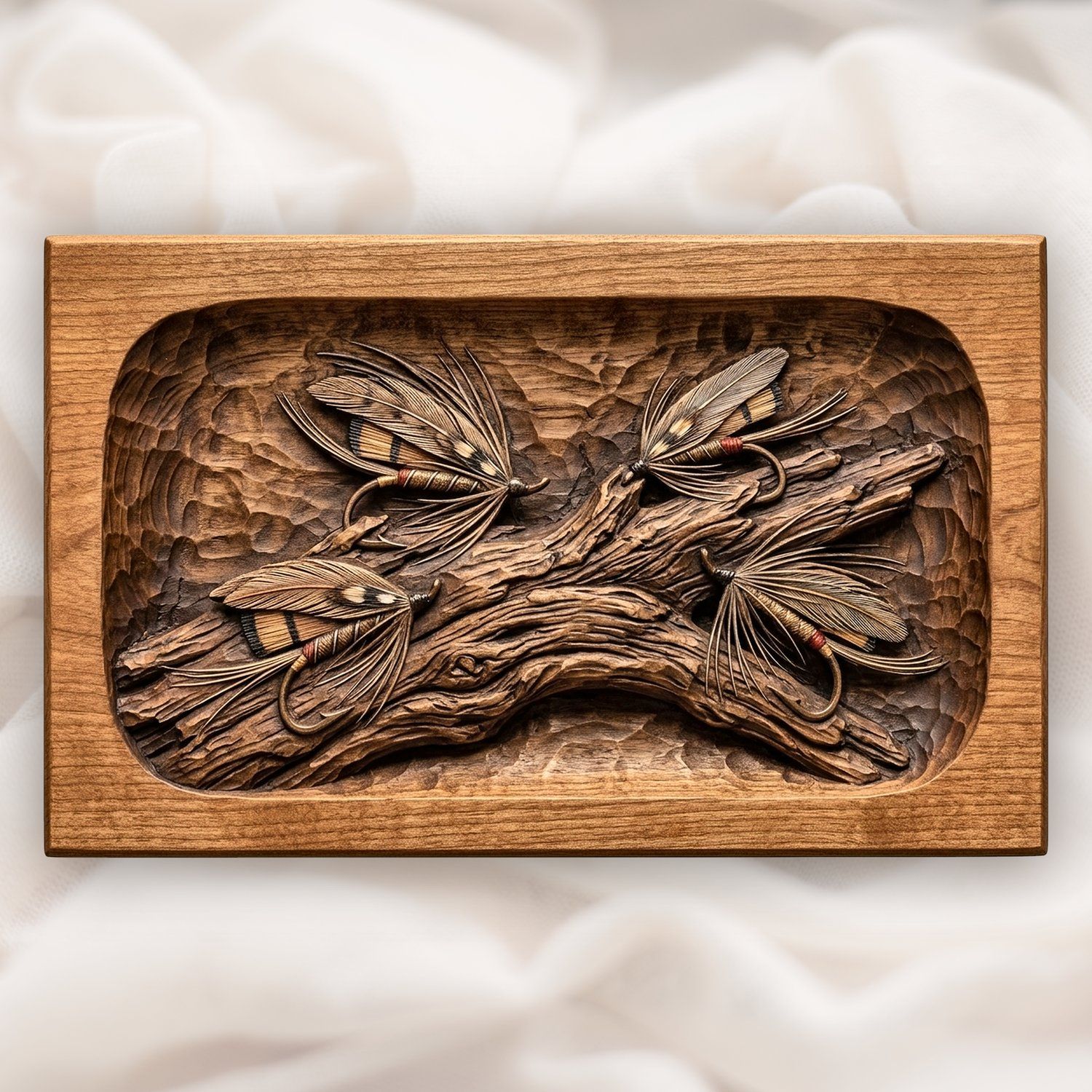 Fly Fishing Lures on Driftwood CNC Relief STL bas-relief STL design