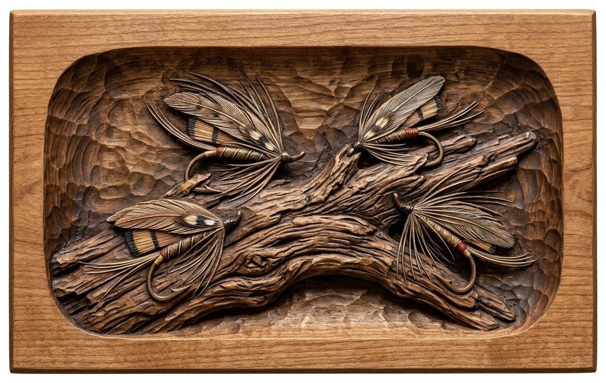 Fly Fishing Lures on Driftwood CNC Relief STL bas-relief STL — view 12