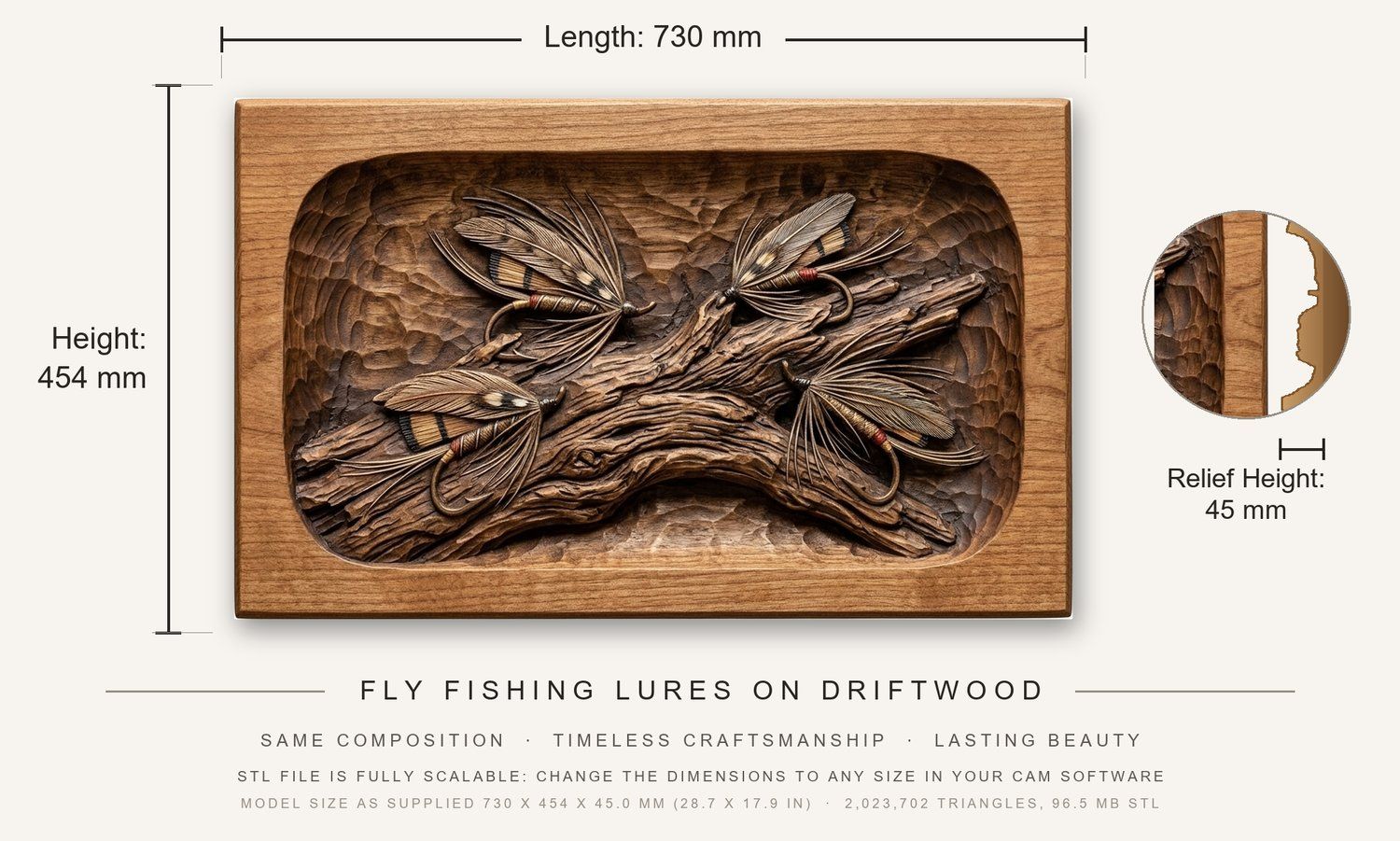 Fly Fishing Lures on Driftwood CNC Relief STL bas-relief STL — view 3
