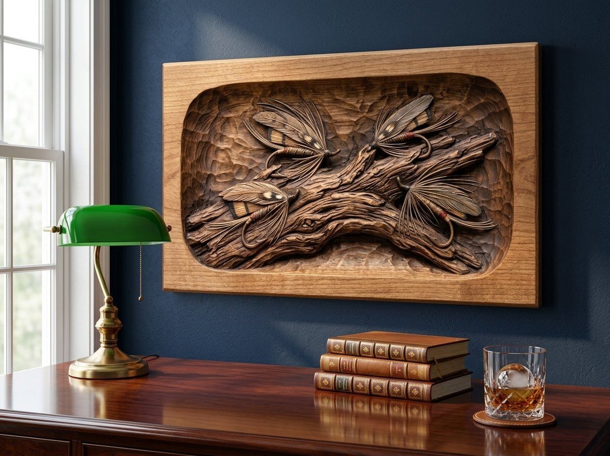 Fly Fishing Lures on Driftwood CNC Relief STL bas-relief STL — view 14
