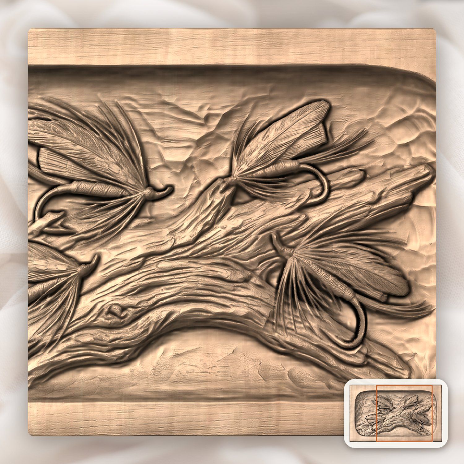 Fly Fishing Lures on Driftwood CNC Relief STL bas-relief STL — view 7