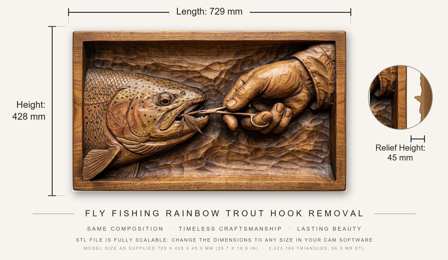 Fly Fishing Rainbow Trout Hook Removal CNC Relief STL bas-relief STL — view 3