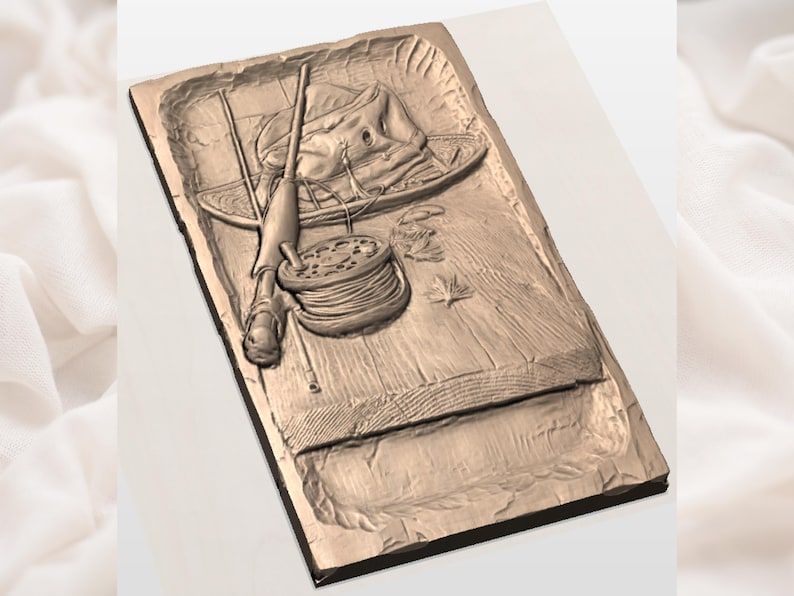 Fly Fishing Rod, Reel and Hat Bas-Relief Carving STL bas-relief STL — view 2