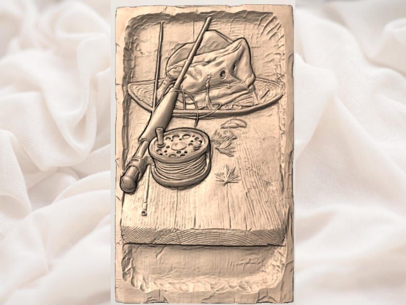 Fly Fishing Rod, Reel and Hat Bas-Relief Carving STL bas-relief STL — view 3
