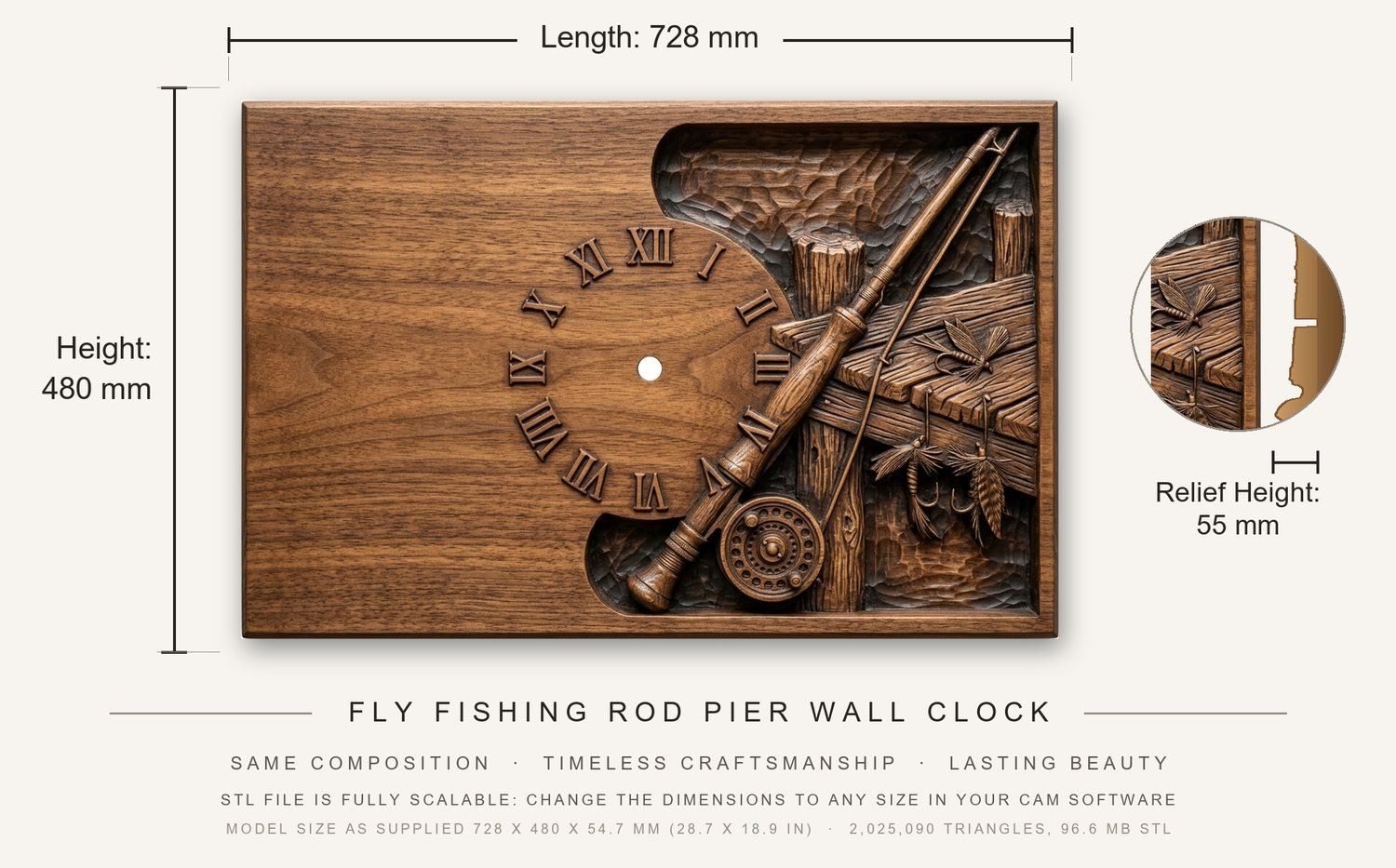 Fly Fishing Rod Pier Wall Clock CNC Relief STL bas-relief STL — view 3