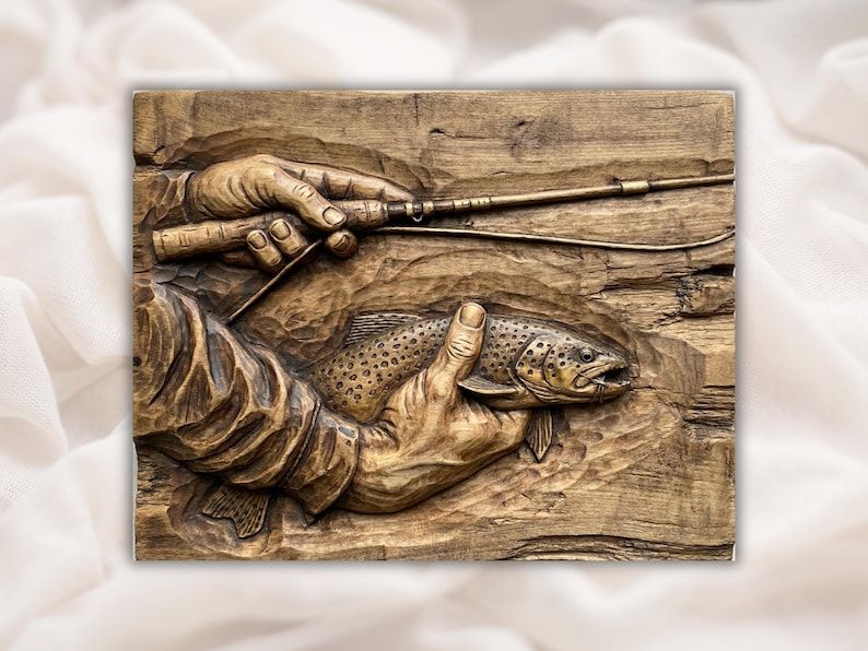 Bas-relief wood carving of angler's hands holding a fly rod and a spotted brown trout over wood grain