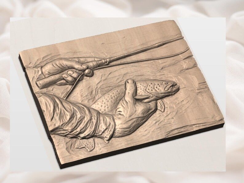 Angler's Hands Cradling a Brown Trout Bas-Relief STL bas-relief STL — view 2