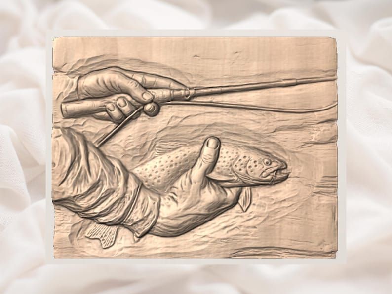 Angler's Hands Cradling a Brown Trout Bas-Relief STL bas-relief STL — view 3