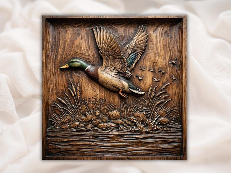 Carved wood relief of a flying mallard duck over water with reeds, splash, and a distant flock