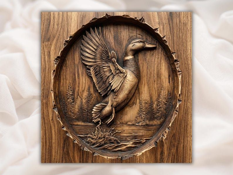 Carved wood relief of a mallard duck taking flight off a lake with pine trees, inside a round bark-edge frame.