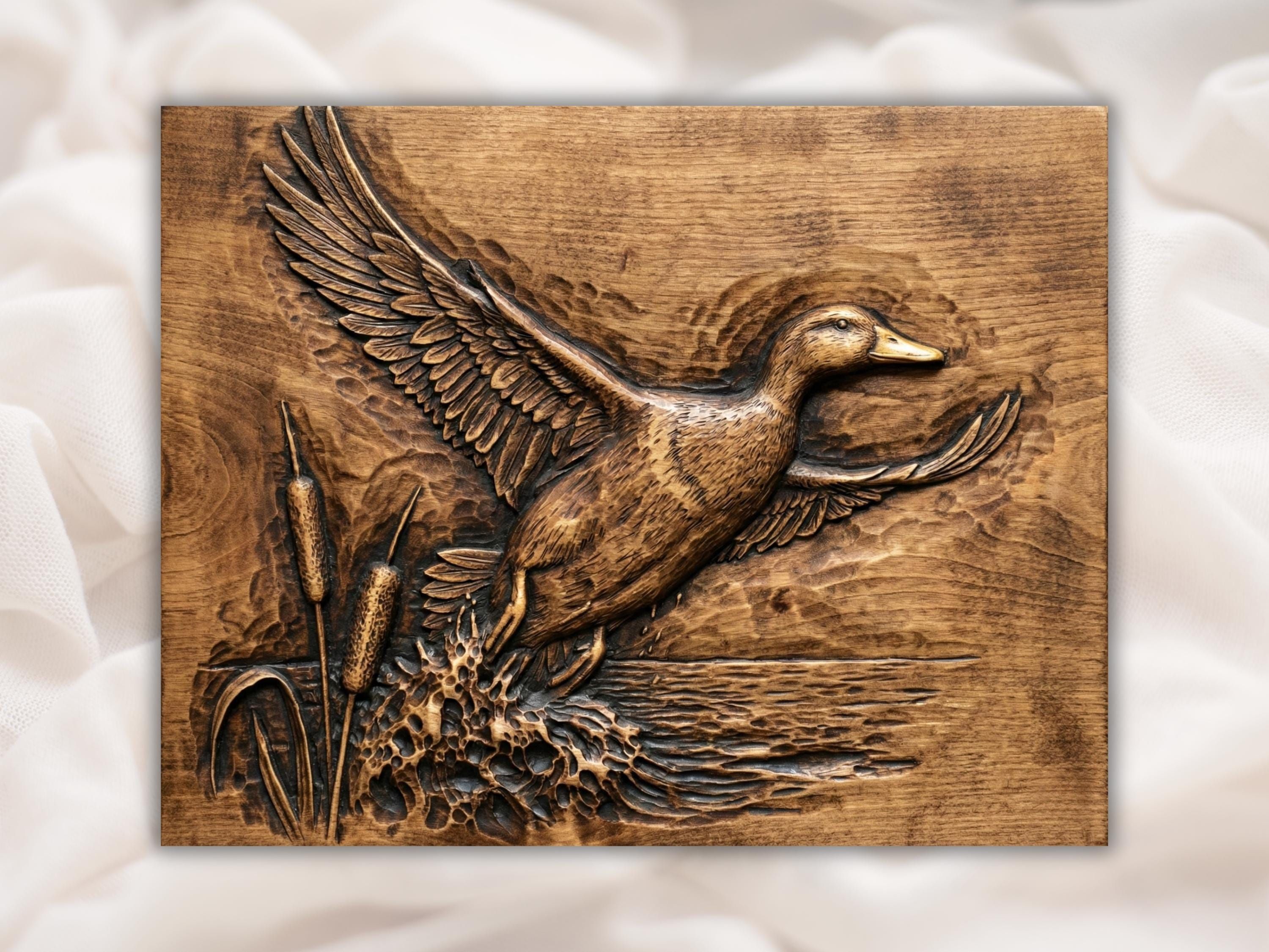 Bas-relief wood carving of a mallard duck taking off from water with wings spread and splashing droplets